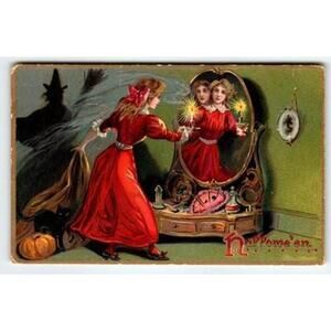 Vintage 1907-1915 Halloween Postcard Girl Candle Mirror Witch Shadow